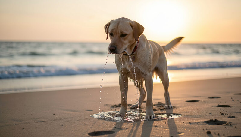 A wet Labrador shaking water from its coat on an empty ocean beach at sunset.