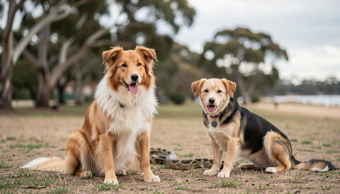 Two collie-type dogs sitting on dry grass in a park with a carpet python on the ground nearby