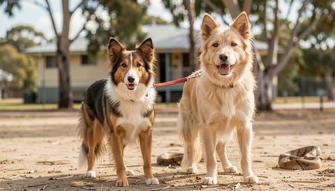 Two long-haired dogs on a red lead standing on a dirt road in front of a weatherboard house