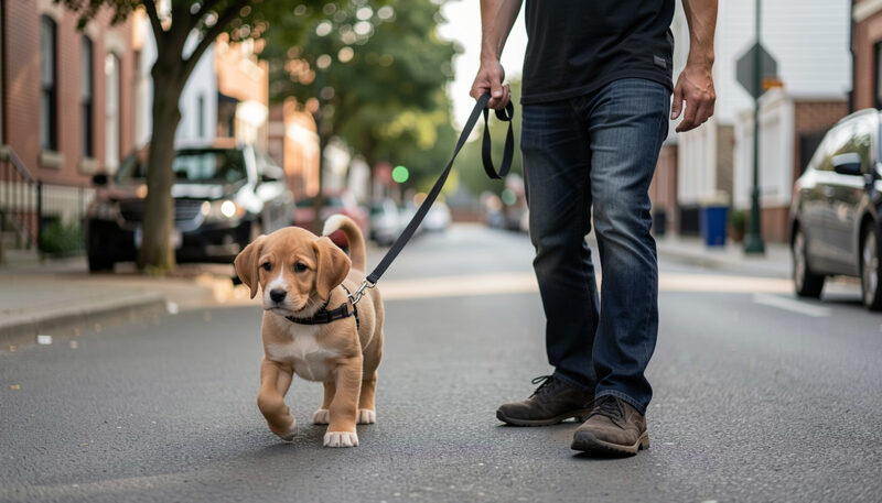 A puppy learning to walk on a loose lead beside a trainer in a quiet street.