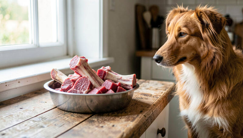 A stainless steel dog bowl filled with raw meaty bones and diced meat on a weathered wooden kitchen bench, a reddish collie type dog watching, soft daylight.