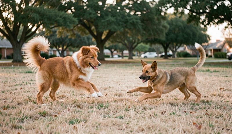 Two young dogs, a red and white long-coated dog and a tan short-coated mix, playing on dry grass in a suburban park in late afternoon light