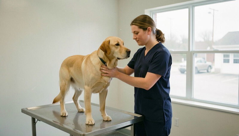 A vet in navy scrubs steadying a calm adult golden Labrador standing on a steel exam table beside a bright clinic window
