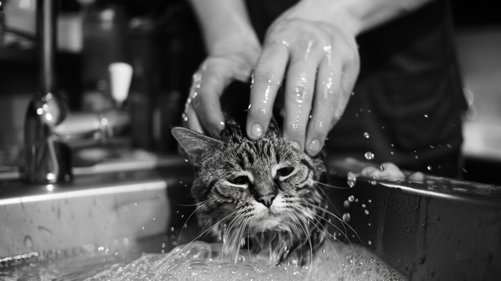 Veterinarian giving a cat a bath